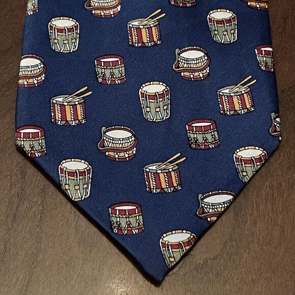 Vintage Seven Star Blue 100% Silk Men’s Neck Tie Drum Print - Picture 1 of 9